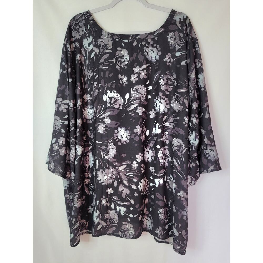 Catherines Black Gray Top Quarter Button Tuck Pleat Bodice Flared 3/4 Sleeve 4XL - Picture 3 of 8